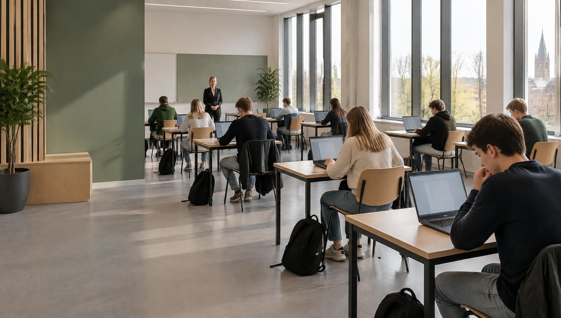 Leerlingen werken geconcentreerd achter laptops in een lichte, moderne toetszaal, met een docent die toezicht houdt.